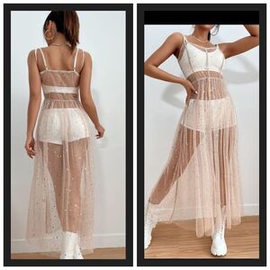 Fiomva Women Sequin Split Mesh Beach Cover Up Midi Dress Spaghetti Strap NWOT